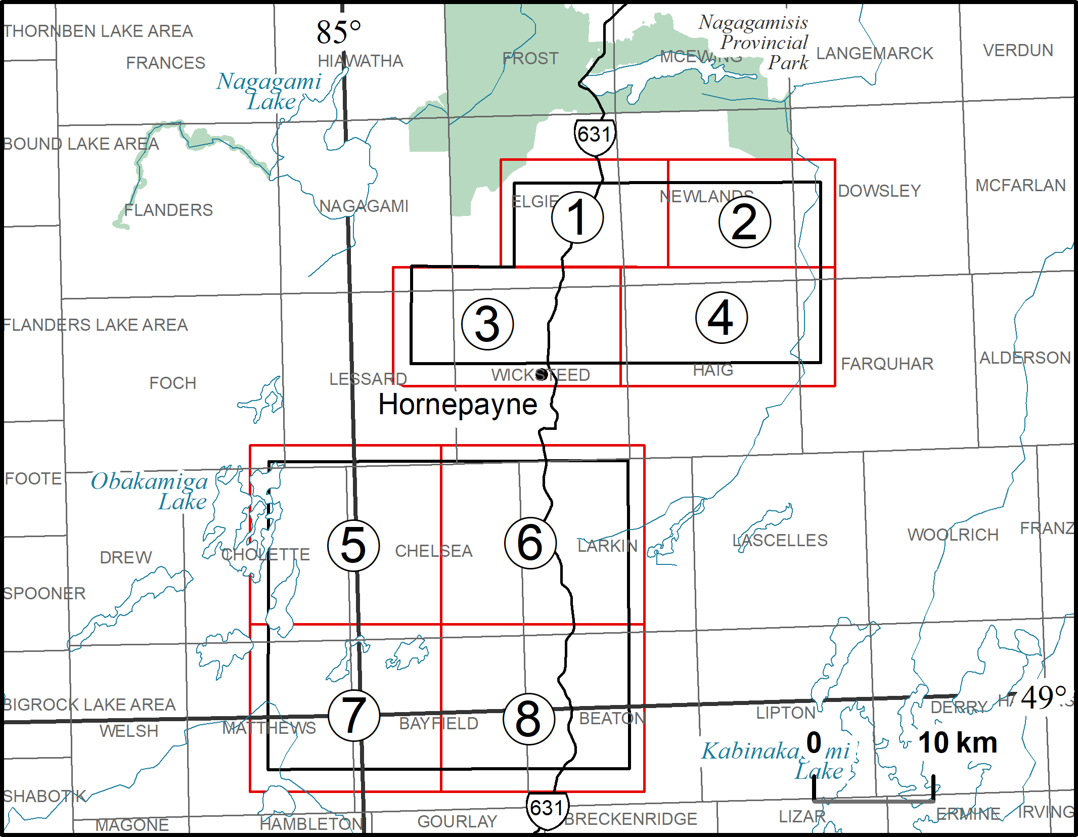 The areas covered by the Hornepayne geophysical survey (2 areas outlined in black) and indicating the locations of the associated maps. Each geographic block (outlined in red, and labelled with circled numbers 1 to 8) comprises 4 maps: 1 = Maps 60 568, 60 576, 60 584, 60 592; 2 = Maps 60 569, 60 577, 60 585, 60 593; 3 = Maps 60 570, 60 578, 60 586, 60 594; 4 = Maps 60 571, 60 579, 60 587, 60 595; 5 = Maps 60 572, 60 580, 60 588, 60 596; 6 = Maps 60 573, 60 581, 60 589, 60 597; 7 = Maps 60 574, 60 582, 60 590, 60 598; and 8 = Maps 60 575, 60 583, 60 591, 60 599.