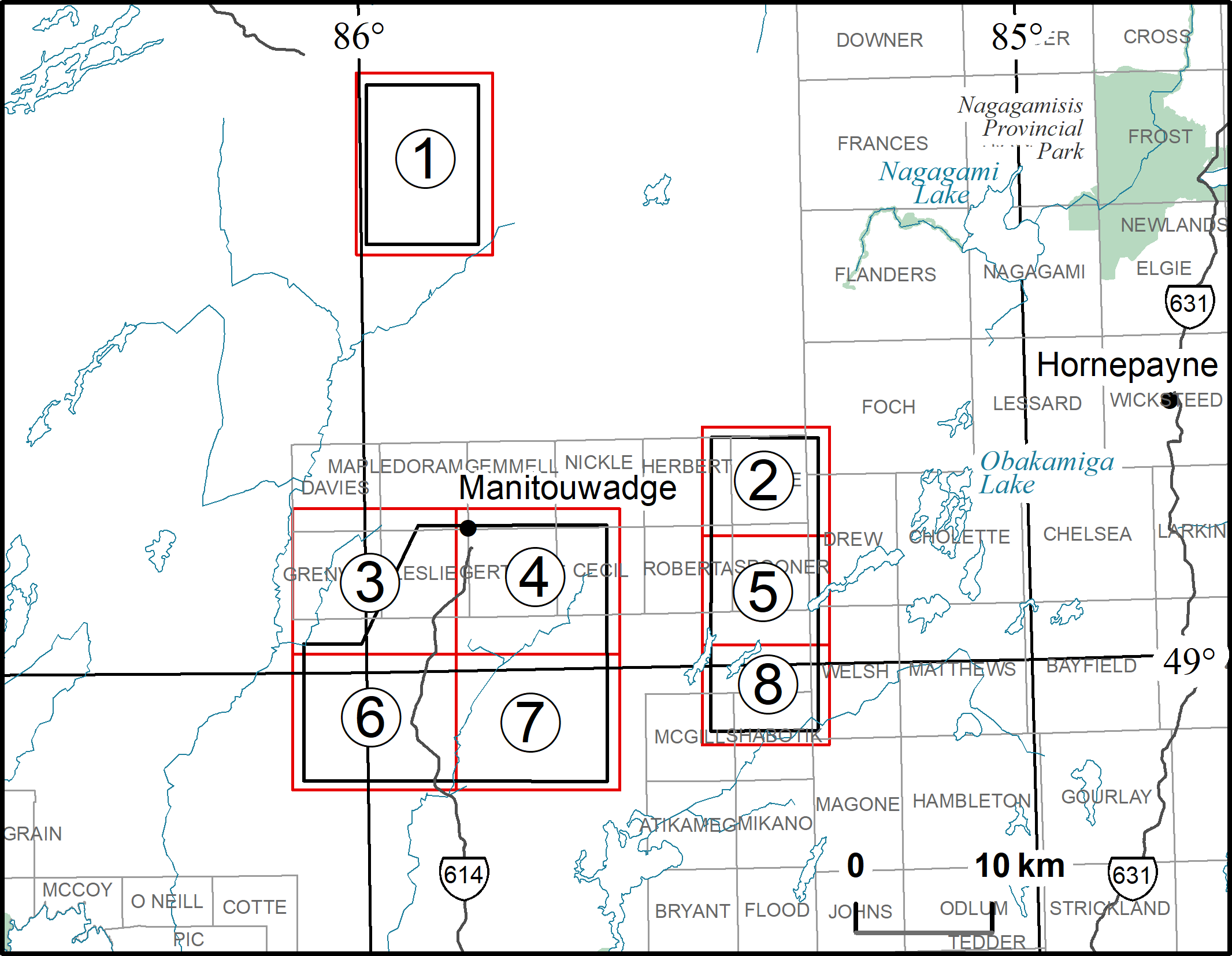Airborne Geophysical Survey, Manitouwadge Area, 1:20 000 Scale Map Sheets. The areas covered by the Manitouwadge geophysical survey (3 areas outlined in black) and indicating the locations of the associated maps. Each geographic block (outlined in red, and labelled with circled numbers 1 to 8) comprises 4 maps: 1 = Maps 60 536, 60 544, 60 552, 60 560; 2 = Maps 60 537, 60 545, 60 553, 60 561; 3 = Maps 60 538, 60 546, 60 554, 60 562; 4 = Maps 60 539, 60 547, 60 555, 60 563; 5 = Maps 60 540, 60 548, 60 556, 60 564; 6 = Maps 60 541, 60 549, 60 557, 60 565; 7 = Maps 60 542, 60 550, 60 558, 60 566; and 8 = Maps 60 543, 60 551, 60 559, 60 567.
